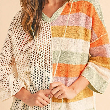 Boho Retro Vintage 60's  Drop Shoulder Wide Kimono Camouflage Marble Acid Sleeve Stripe Eyelet Overs Sized  Sweater Knit Hood Pullover Hodie