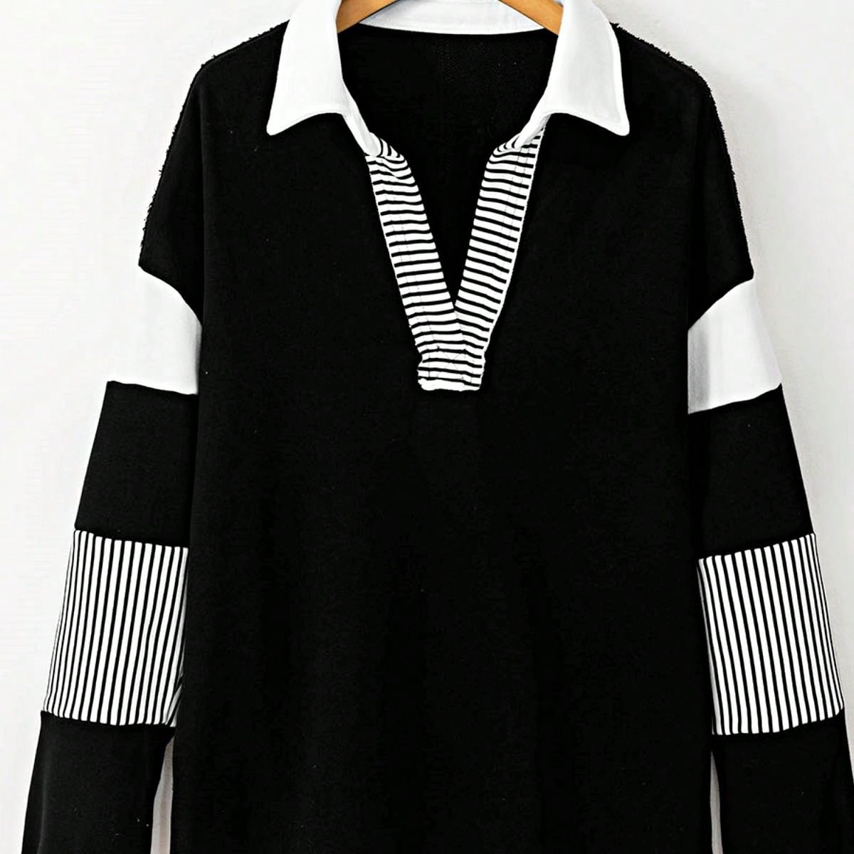 Boho Retro Vintage 90's Stripe Cotton Drop Shoulder Over Size V Neck Rugby  Preppy Shirt  Top Pullover Sweater