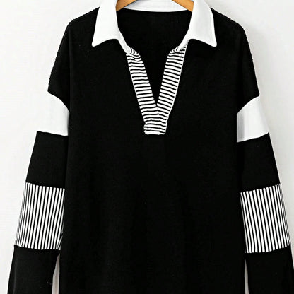 Boho Retro Vintage 90's Stripe Cotton Drop Shoulder Over Size V Neck Rugby  Preppy Shirt  Top Pullover Sweater