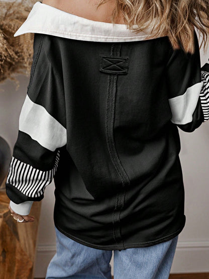 Boho Retro Vintage 90's Stripe Cotton Drop Shoulder Over Size V Neck Rugby  Preppy Shirt  Top Pullover Sweater