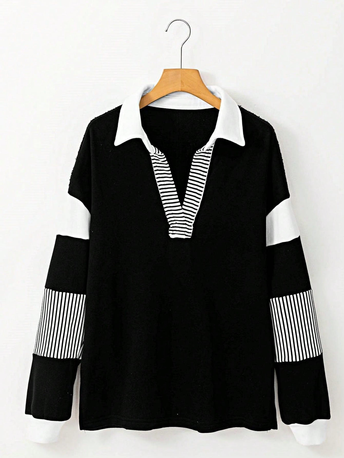 Boho Retro Vintage 90's Stripe Cotton Drop Shoulder Over Size V Neck Rugby  Preppy Shirt  Top Pullover Sweater