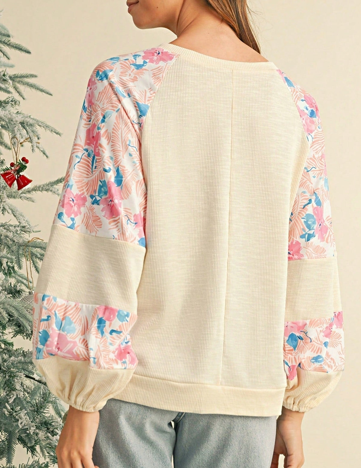 Boho Retro Vintage 60's Vibe Cream Cotton Raglan Lantern Bubble Puff  Sleeve  Floral Rib Patchwork Top Sweat Shirt Blouse
