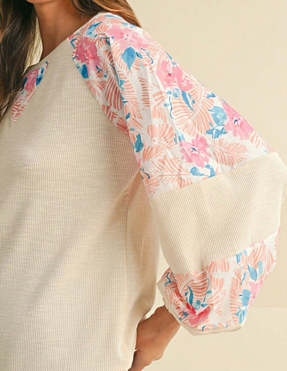 Boho Retro Vintage 60's Vibe Cream Cotton Raglan Lantern Bubble Puff  Sleeve  Floral Rib Patchwork Top Sweat Shirt Blouse
