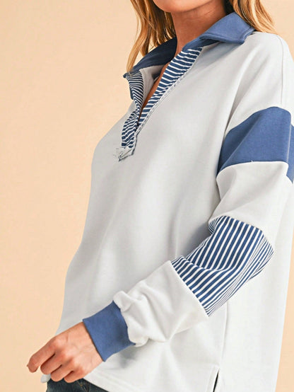 Boho Retro Vintage 90's Stripe Cotton Drop Shoulder Over Size V Neck Rugby  Preppy Shirt  Top Pullover Sweater