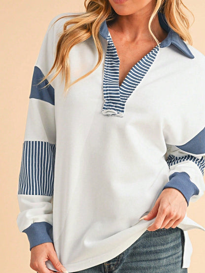 Boho Retro Vintage 90's Stripe Cotton Drop Shoulder Over Size V Neck Rugby  Preppy Shirt  Top Pullover Sweater