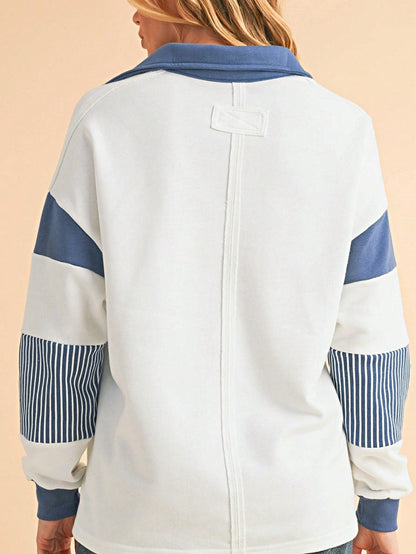 Boho Retro Vintage 90's Stripe Cotton Drop Shoulder Over Size V Neck Rugby  Preppy Shirt  Top Pullover Sweater
