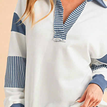 Boho Retro Vintage 90's Stripe Cotton Drop Shoulder Over Size V Neck Rugby  Preppy Shirt  Top Pullover Sweater