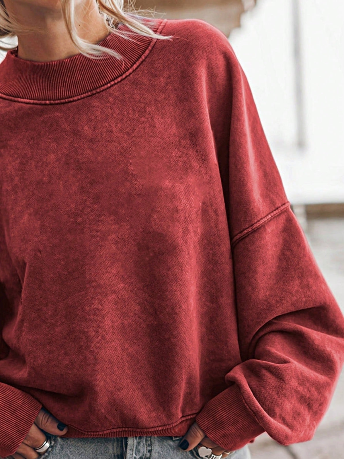 Boho Retro 60's Cotton Mix  Drop Shoulder Mineral Acid Washed Oversized Mock Neck Dolman T Shirt Top  Sweat Shirt