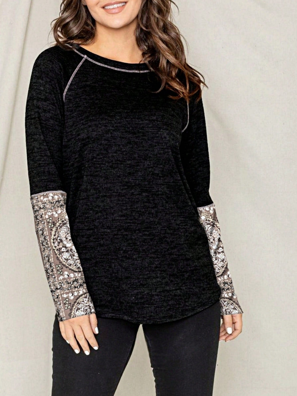 Boho Retro 90's Vintage Out Stitch Raglan Sleeve Cuff Paisley Plaid Checker Christmas Stripe Leopard  Accented Knit Top Shirt Blouse