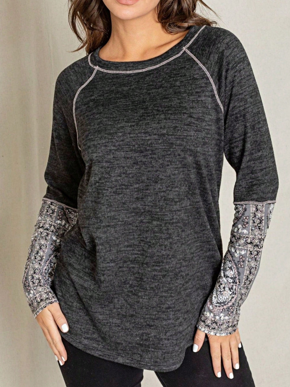 Boho Retro 90's Vintage Out Stitch Raglan Sleeve Cuff Paisley Plaid Checker Christmas Stripe Leopard  Accented Knit Top Shirt Blouse