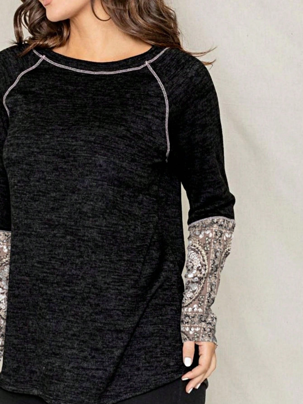 Boho Retro 90's Vintage Out Stitch Raglan Sleeve Cuff Paisley Plaid Checker Christmas Stripe Leopard  Accented Knit Top Shirt Blouse