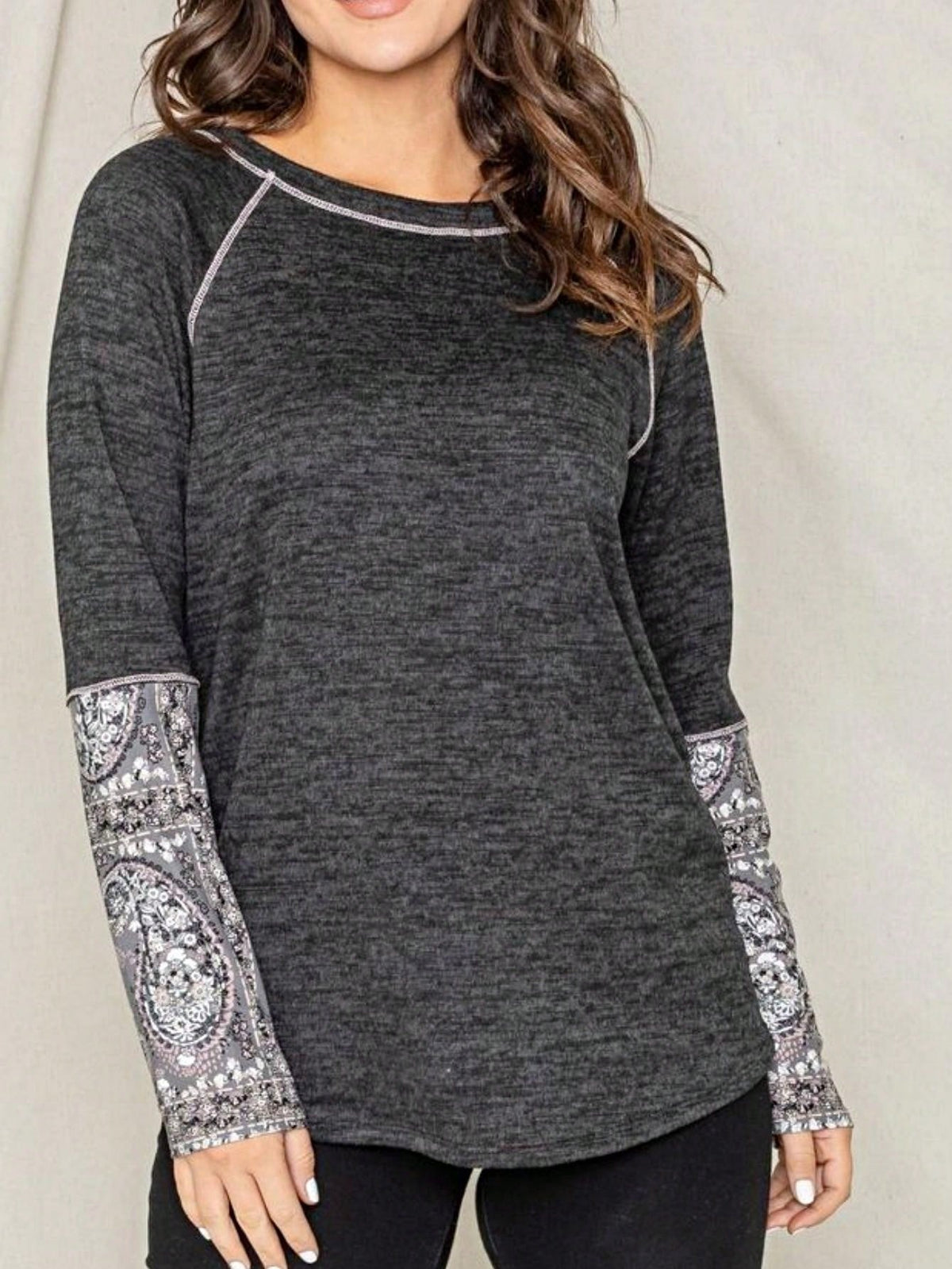 Boho Retro 90's Vintage Out Stitch Raglan Sleeve Cuff Paisley Plaid Checker Christmas Stripe Leopard  Accented Knit Top Shirt Blouse