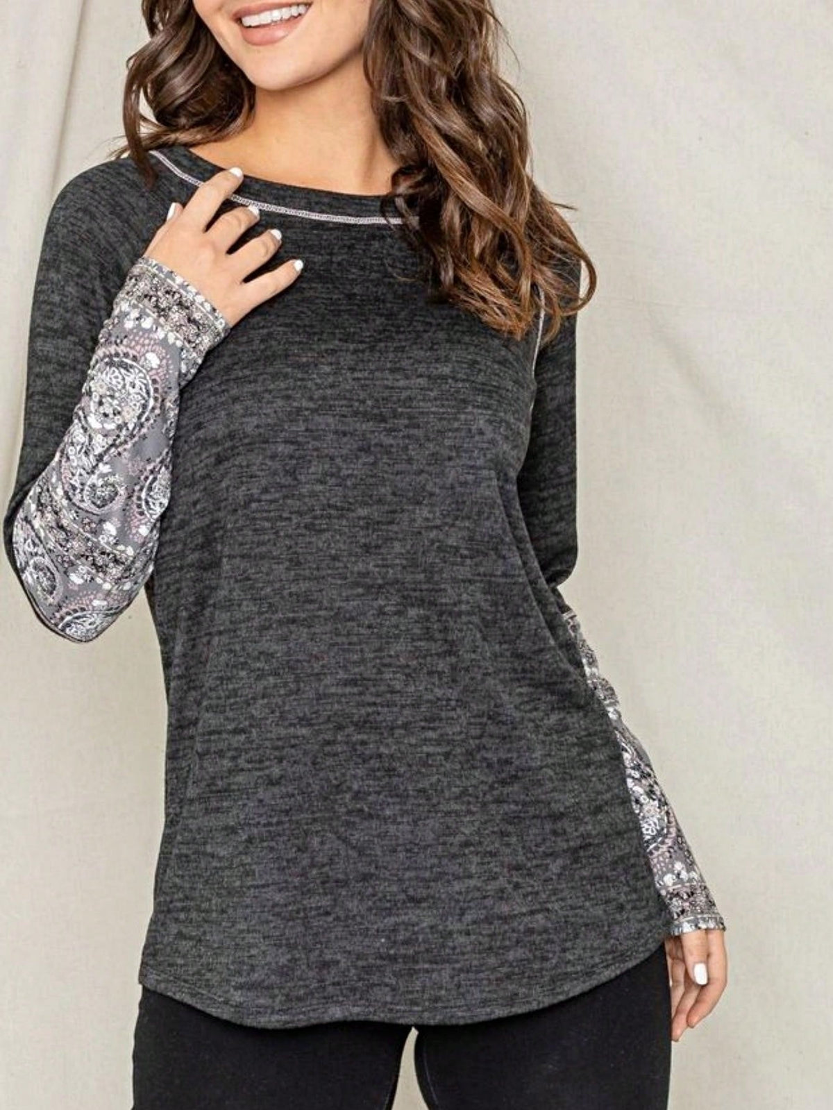 Boho Retro 90's Vintage Out Stitch Raglan Sleeve Cuff Paisley Plaid Checker Christmas Stripe Leopard  Accented Knit Top Shirt Blouse