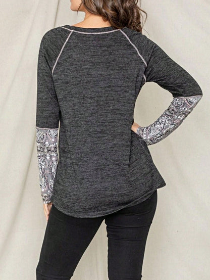 Boho Retro 90's Vintage Out Stitch Raglan Sleeve Cuff Paisley Plaid Checker Christmas Stripe Leopard  Accented Knit Top Shirt Blouse