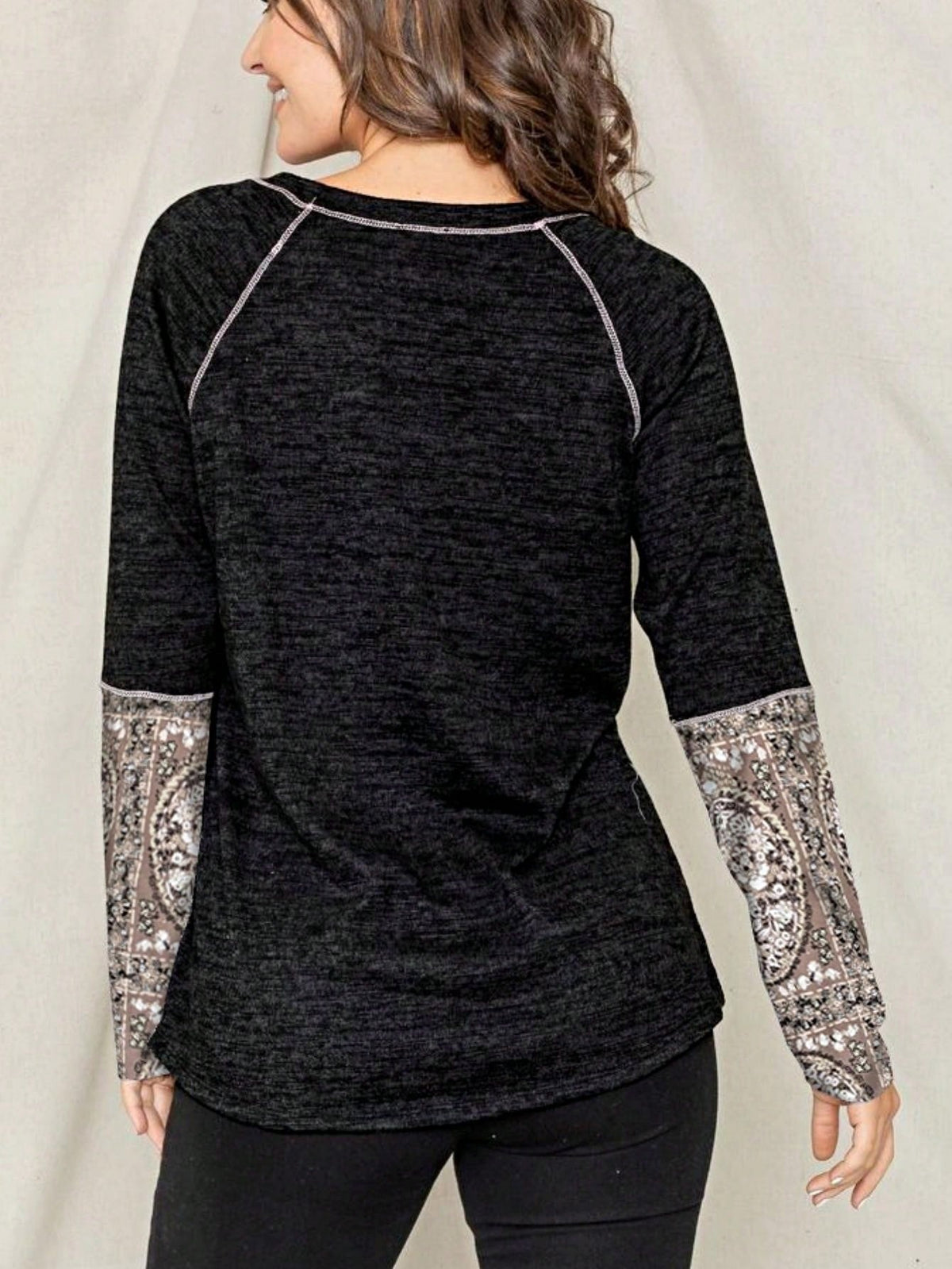 Boho Retro 90's Vintage Out Stitch Raglan Sleeve Cuff Paisley Plaid Checker Christmas Stripe Leopard  Accented Knit Top Shirt Blouse