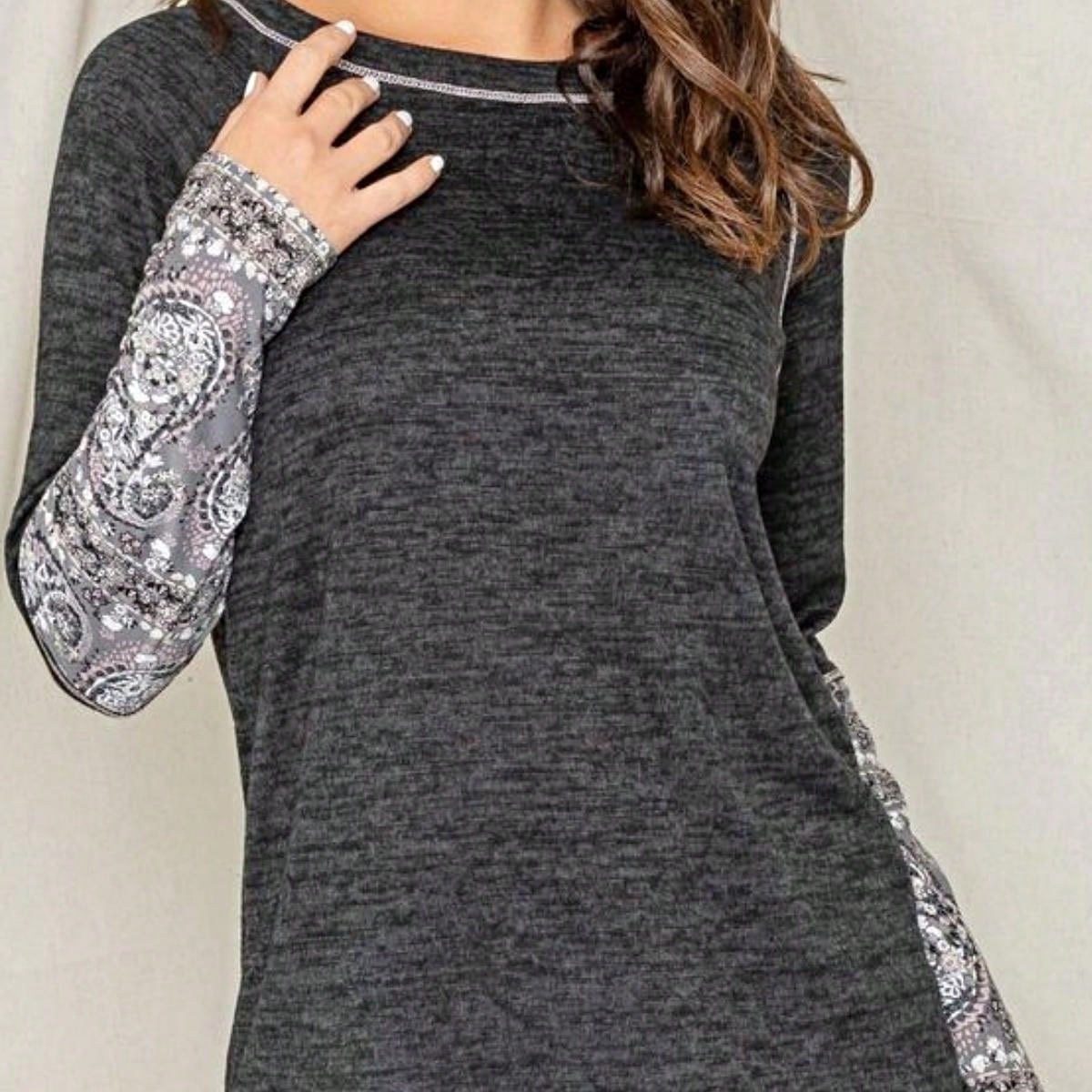 Boho Retro 90's Vintage Out Stitch Raglan Sleeve Cuff Paisley Plaid Checker Christmas Stripe Leopard  Accented Knit Top Shirt Blouse