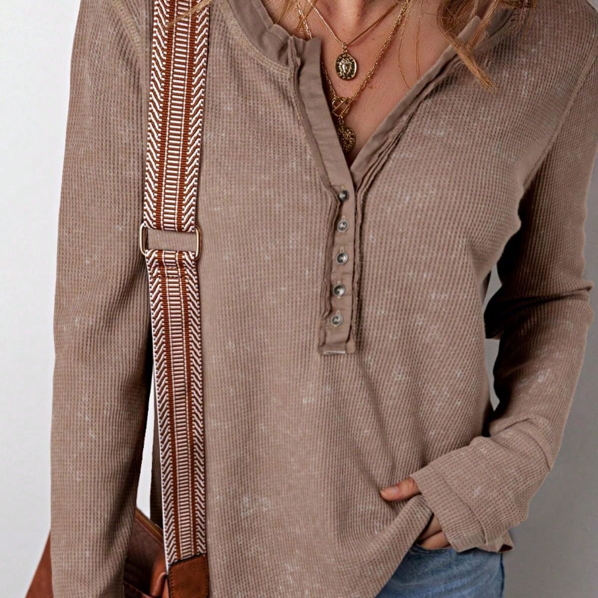 Boho Retro 90's Vintage Cotton Button V Neck Waffle Knit Top With Cuff Accent Blouse Shirt