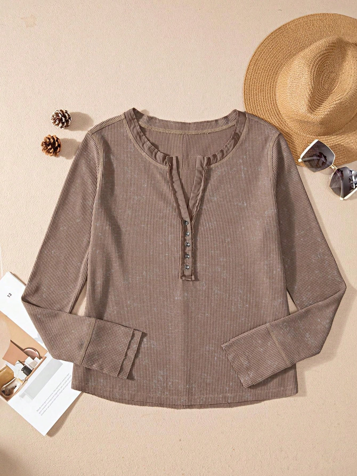 Boho Retro 90's Vintage Cotton Button V Neck Waffle Knit Top With Cuff Accent Blouse Shirt