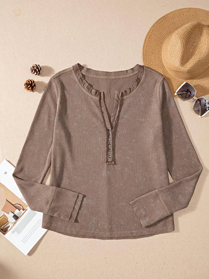 Boho Retro 90's Vintage Cotton Button V Neck Waffle Knit Top With Cuff Accent Blouse Shirt