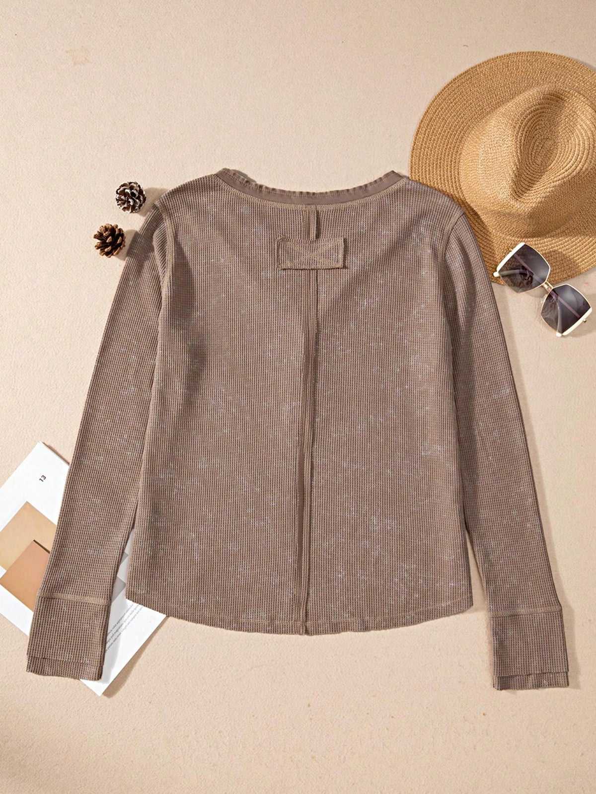 Boho Retro 90's Vintage Cotton Button V Neck Waffle Knit Top With Cuff Accent Blouse Shirt