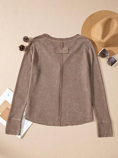 Boho Retro 90's Vintage Cotton Button V Neck Waffle Knit Top With Cuff Accent Blouse Shirt