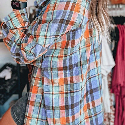 Boho Retro Button Up Vintage 90's Cotton Red Blue Plaid Print Drop Sleeve Loose Shirt Shacket