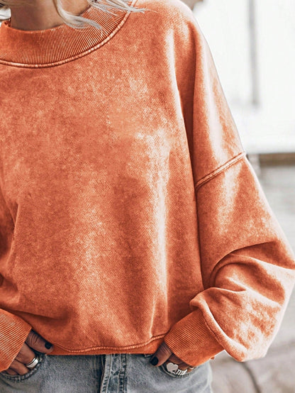 Boho Retro 60's Cotton Mix  Drop Shoulder Mineral Acid Washed Oversized Mock Neck Dolman T Shirt Top  Sweat Shirt