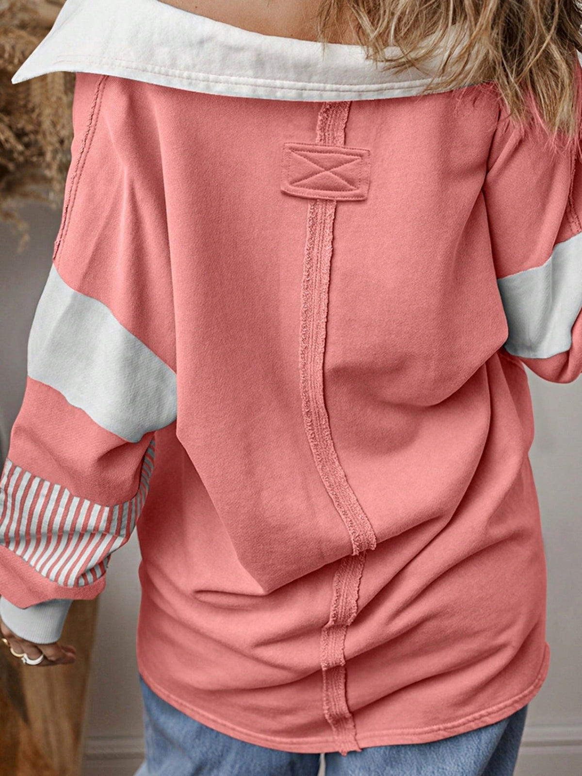 Boho Retro Vintage 90's Stripe Cotton Drop Shoulder Over Size V Neck Rugby  Preppy Shirt  Top Pullover Sweater