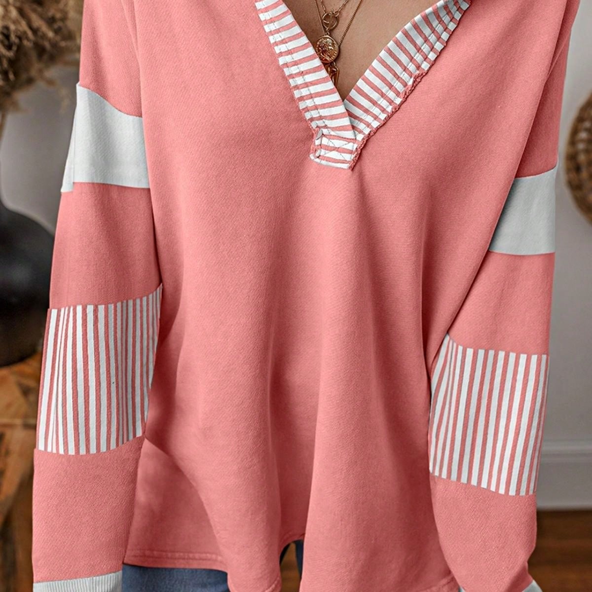 Boho Retro Vintage 90's Stripe Cotton Drop Shoulder Over Size V Neck Rugby  Preppy Shirt  Top Pullover Sweater