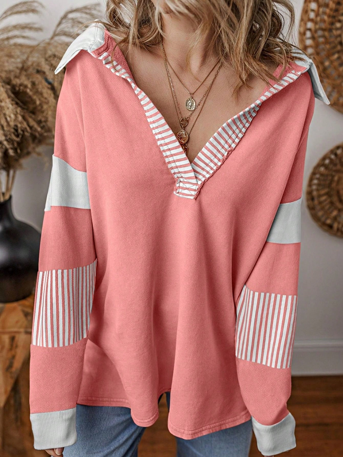 Boho Retro Vintage 90's Stripe Cotton Drop Shoulder Over Size V Neck Rugby  Preppy Shirt  Top Pullover Sweater