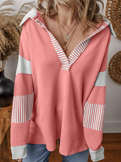 Boho Retro Vintage 90's Stripe Cotton Drop Shoulder Over Size V Neck Rugby  Preppy Shirt  Top Pullover Sweater