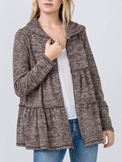 Boho Vintage 90's  Solid Brushed Knit Classic Tiered Hooded Zip Up Flared Cardigan Jacket