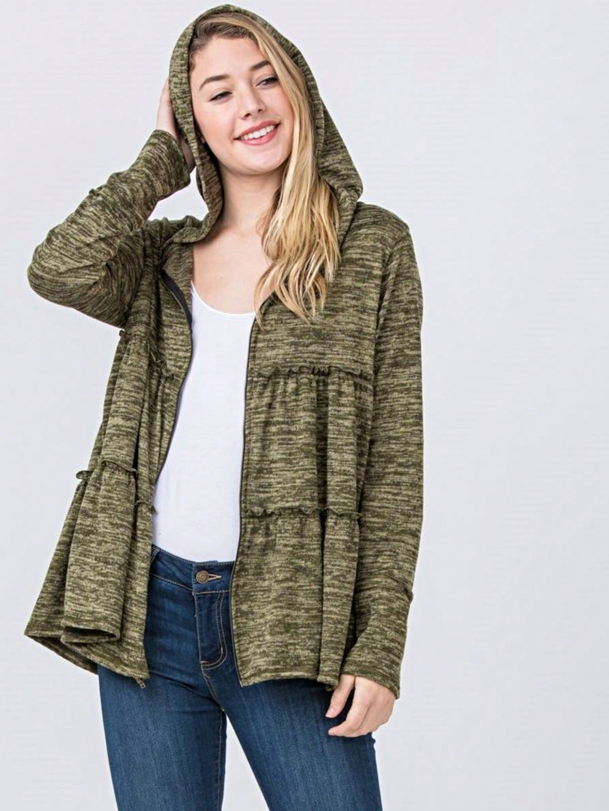 Boho Vintage 90's  Solid Brushed Knit Classic Tiered Hooded Zip Up Flared Cardigan Jacket