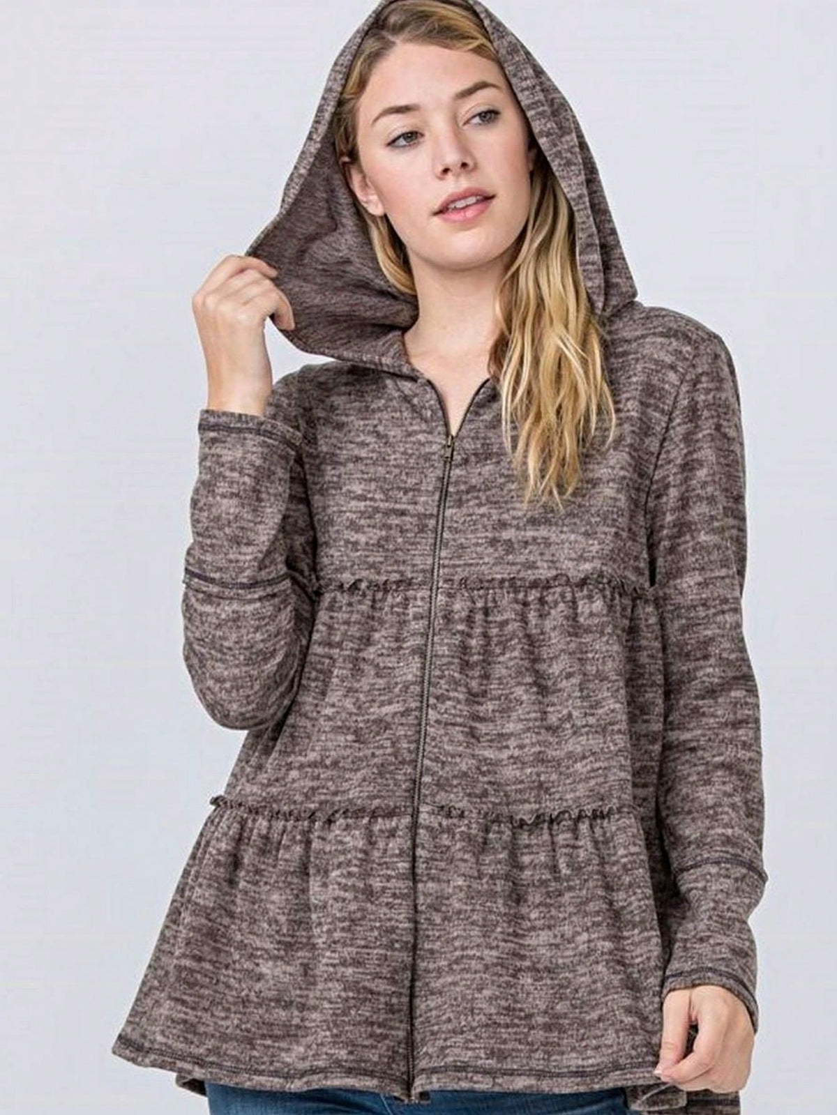Boho Vintage 90's  Solid Brushed Knit Classic Tiered Hooded Zip Up Flared Cardigan Jacket