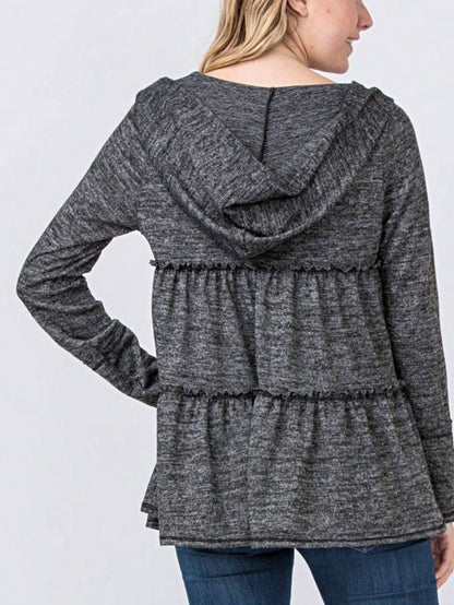 Boho Vintage 90's  Solid Brushed Knit Classic Tiered Hooded Zip Up Flared Cardigan Jacket