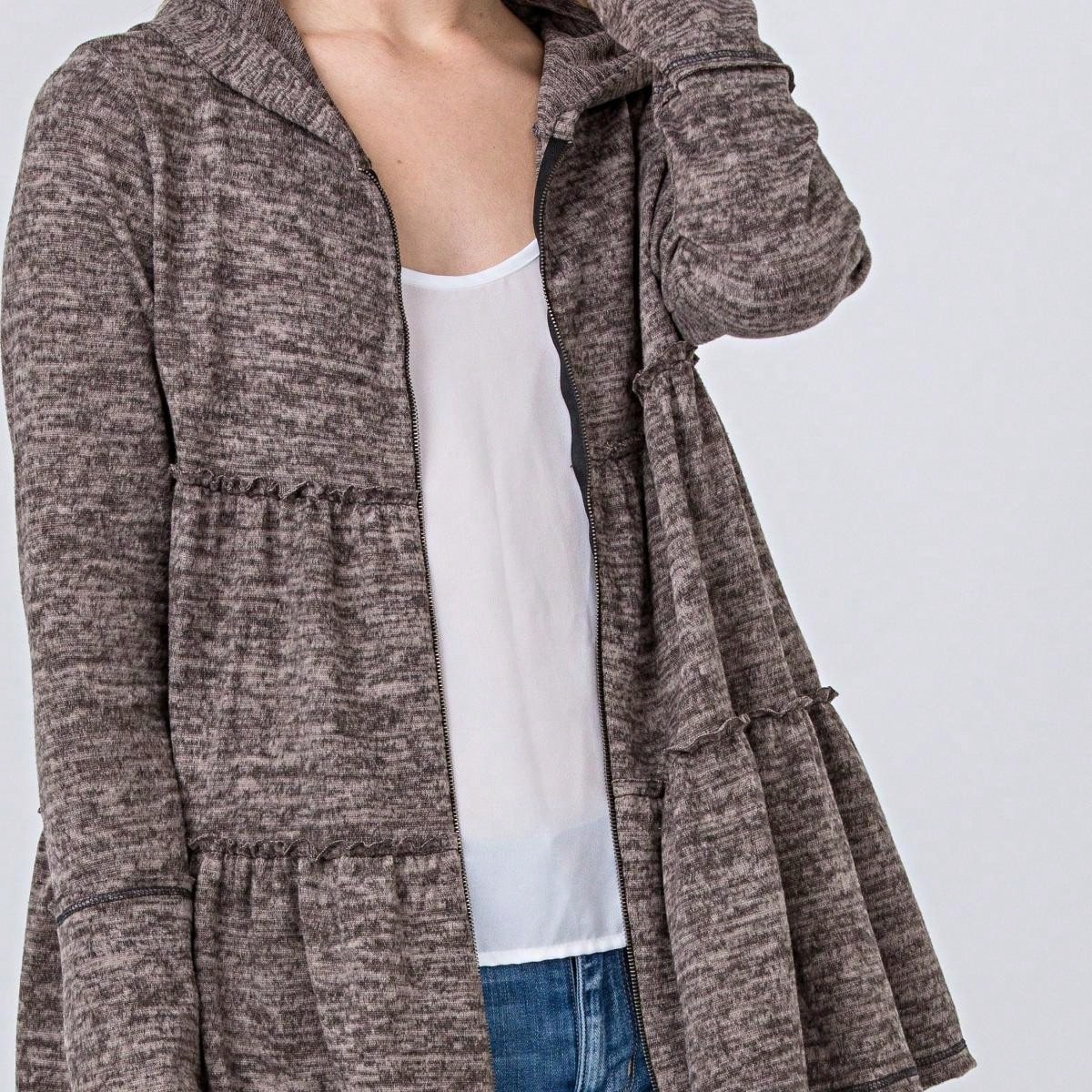 Boho Vintage 90's  Solid Brushed Knit Classic Tiered Hooded Zip Up Flared Cardigan Jacket