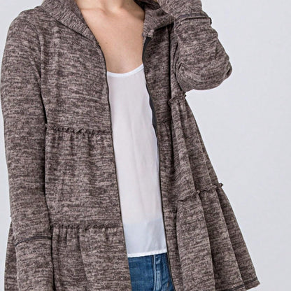 Boho Vintage 90's  Solid Brushed Knit Classic Tiered Hooded Zip Up Flared Cardigan Jacket