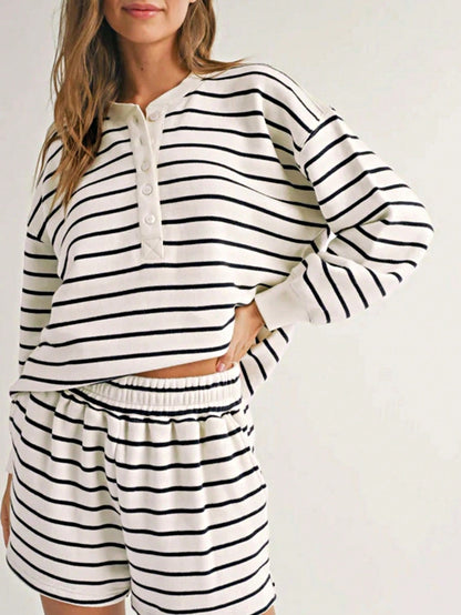 Boho Retro 90's Cotton Stripe Button Drop Shoulder Dolman Henley Top & Pants Shorts Set