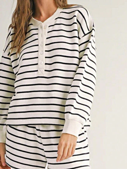 Boho Retro 90's Cotton Stripe Button Drop Shoulder Dolman Henley Top & Pants Shorts Set