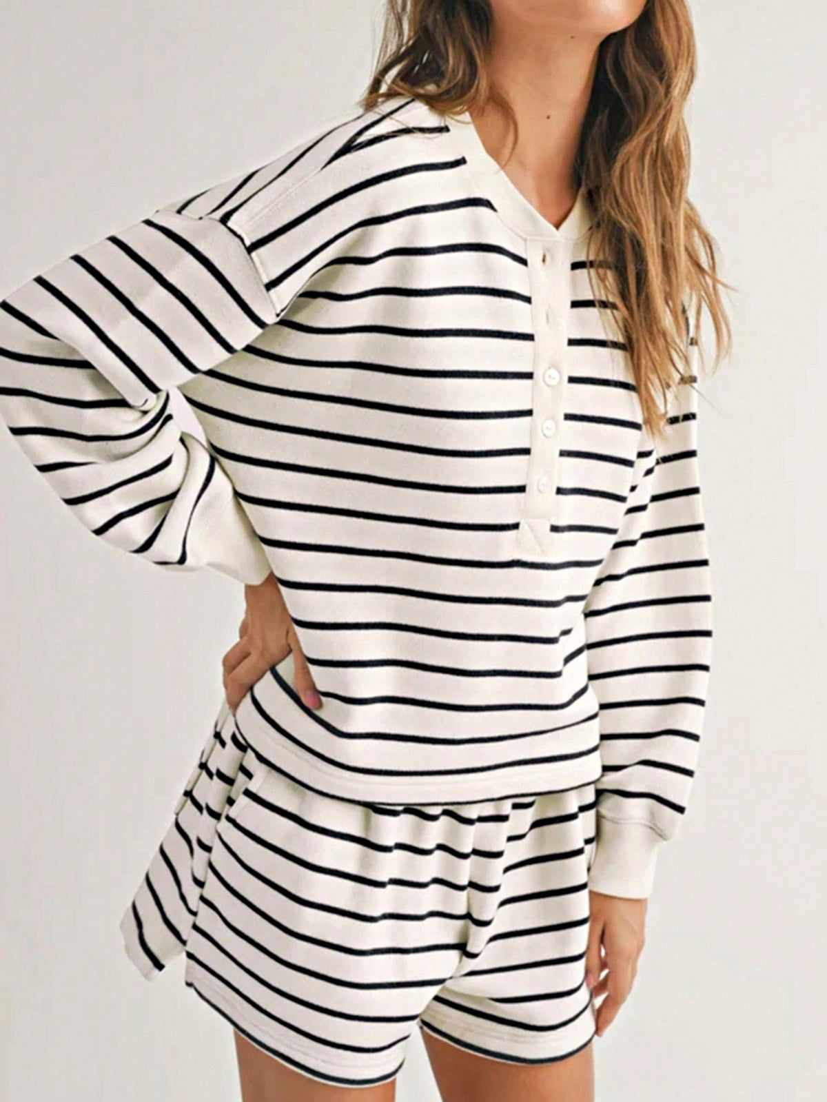 Boho Retro 90's Cotton Stripe Button Drop Shoulder Dolman Henley Top & Pants Shorts Set
