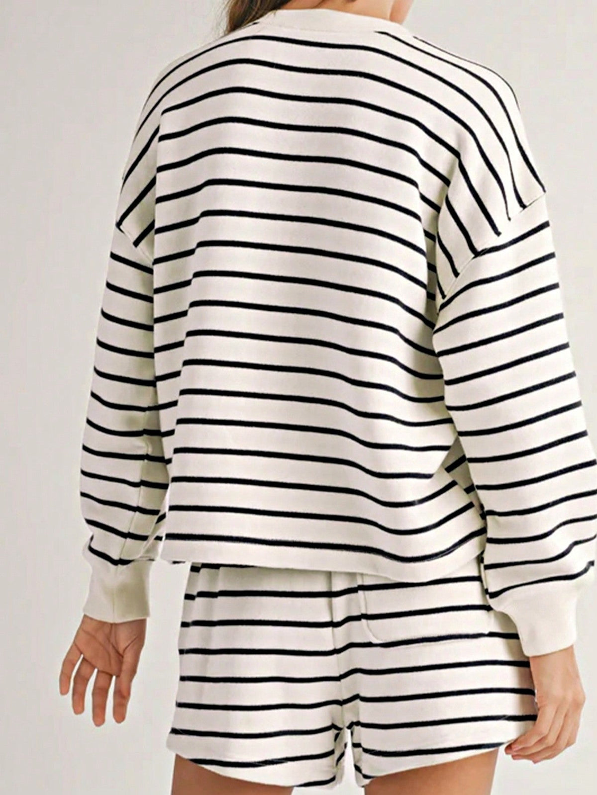 Boho Retro 90's Cotton Stripe Button Drop Shoulder Dolman Henley Top & Pants Shorts Set