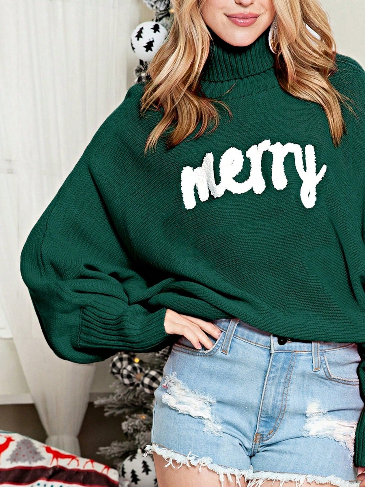 Boho Retro Vintage  90's  Drop Shoulder Dolman Sleeve Turtle Mock Neck Blue Green Pink Rose Stripe Merry Christmas Holly  Sweater Knit Top Pullover
