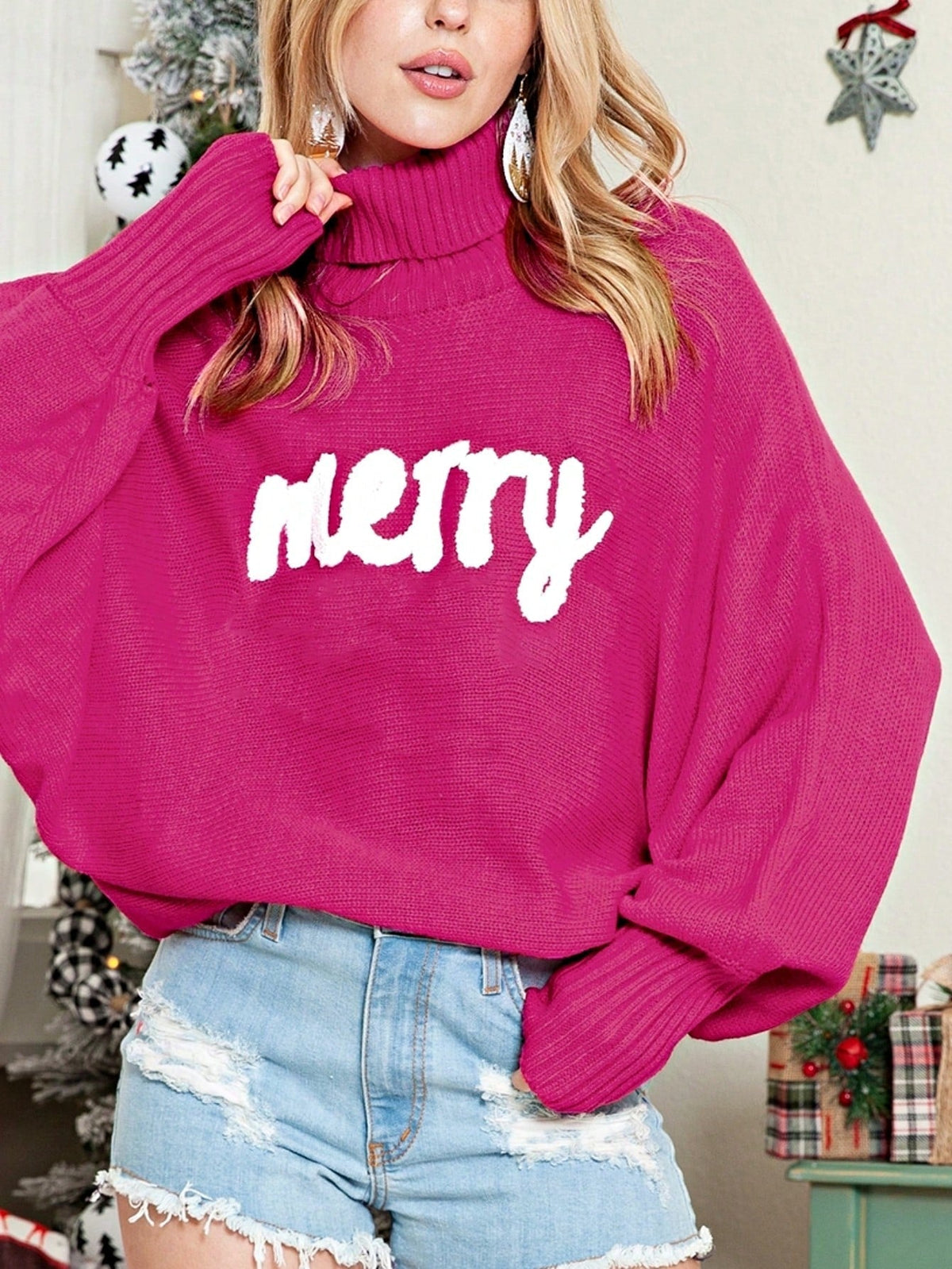 Boho Retro Vintage  90's  Drop Shoulder Dolman Sleeve Turtle Mock Neck Blue Green Pink Rose Stripe Merry Christmas Holly  Sweater Knit Top Pullover