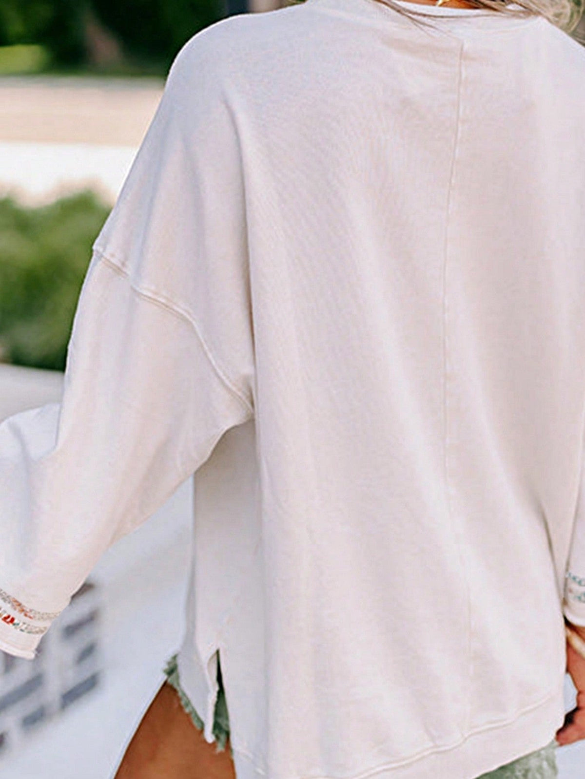 Boho Retro Vintage 60's Vibe Cream Cotton Raglan Lantern Bubble Puff  Sleeve  Floral Rib Patchwork Top Sweat Shirt Blouse