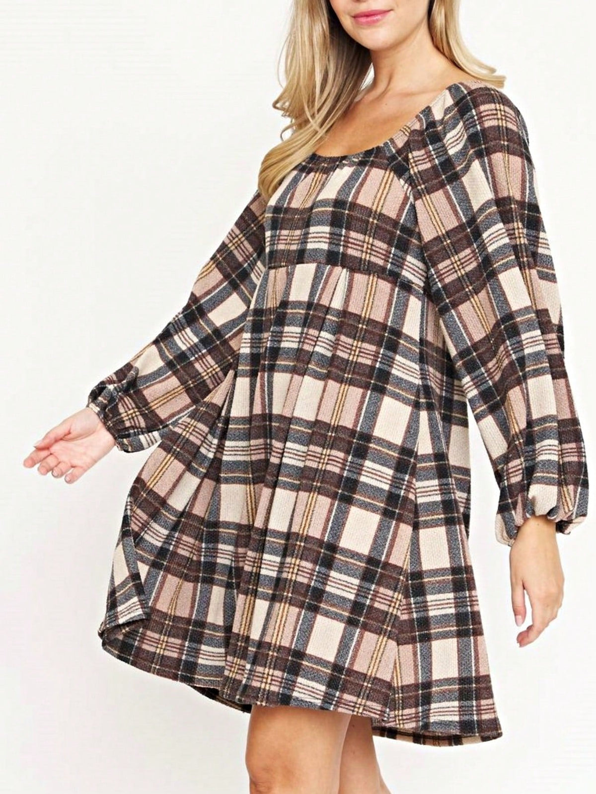 Boho Retro Knit Plaid Checker Floral Print Black Coral Cream Orange Off/One Shoulder Ruffle Sleeve Tiered Dress