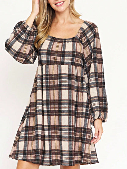 Boho Retro Knit Plaid Checker Floral Print Black Coral Cream Orange Off/One Shoulder Ruffle Sleeve Tiered Dress