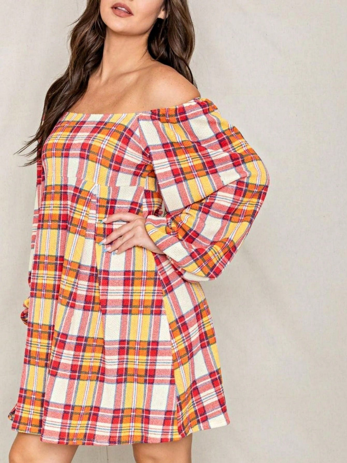 Boho Retro Knit Plaid Checker Floral Print Black Coral Cream Orange Off/One Shoulder Ruffle Sleeve Tiered Dress