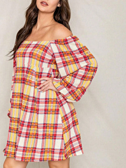 Boho Retro Knit Plaid Checker Floral Print Black Coral Cream Orange Off/One Shoulder Ruffle Sleeve Tiered Dress