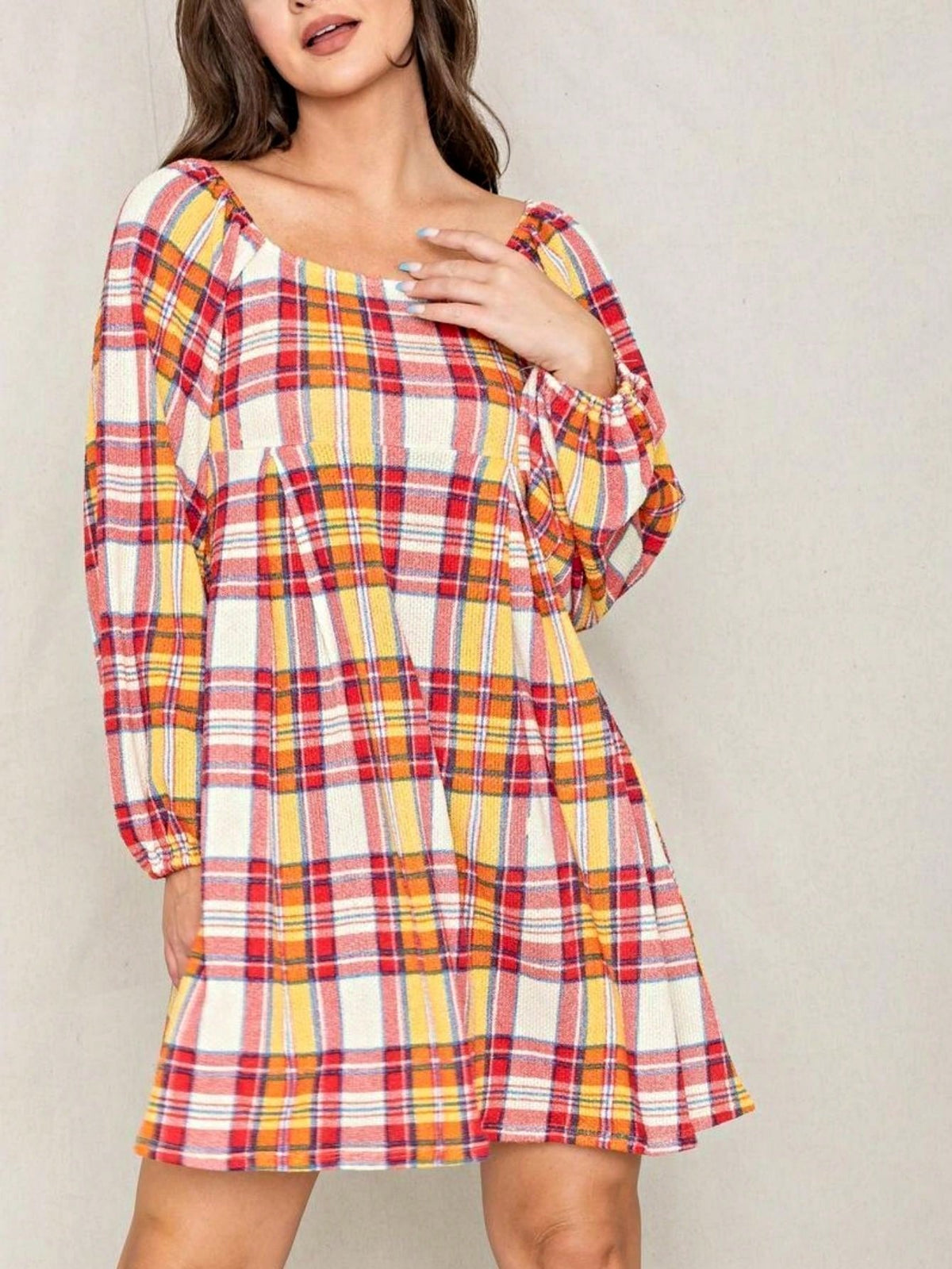 Boho Retro Knit Plaid Checker Floral Print Black Coral Cream Orange Off/One Shoulder Ruffle Sleeve Tiered Dress