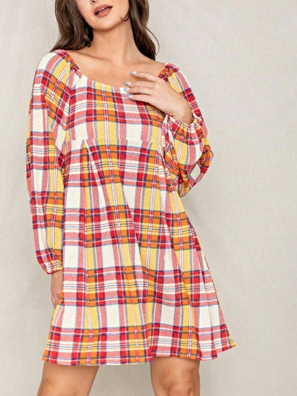 Boho Retro Knit Plaid Checker Floral Print Black Coral Cream Orange Off/One Shoulder Ruffle Sleeve Tiered Dress